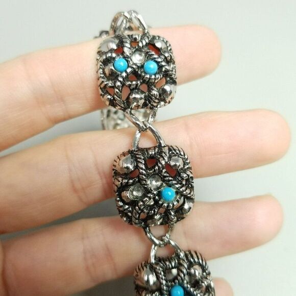 Vintage Avon Blue and Silver Tone 6 Panel Chain Bracelet, Singed Estate - Picture 5 of 8